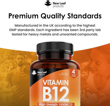 New Leaf Vitamin B12 High Strength Tablets - 1000Mcg Vegan B12 Vitamin Methylcobalamin Supplement Contributes To The Reduction Of Tiredness And Fatigue & Immune Energy Support Made In The Uk (4 Month Supply)