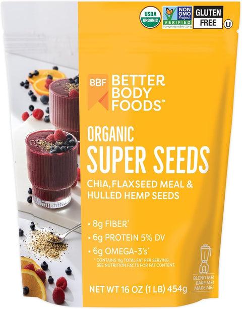 BBF Organic Super Seeds Blend 1 lb, Chia Seeds, Flax Seeds, Hemp Hearts