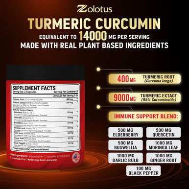 Turmeric Curcumin & Immune Support, 95% Curcuminoids, Equivalent to 14000mg, with Ginger, Garlic Bulb, Elderberry, Quercetin, Joint Inflammatory & Absorption Support, Immune Defense Supplement.