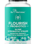 Eu Natural Flourish Probiotics + Prebiotics for Women Gut and Digestion Urinary Tract Reduce Bloating Vaginal Health 18 Clinically Proven Strains 14 Billion CFU 30 Shelf-Stable Mini Vegan Capsules