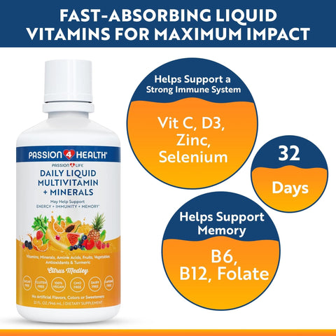 Passion 4 Life Daily Liquid Multivitamin + Minerals Over 100 Premium Ingredients for the Whole Family Trace Minerals and Amino Acids for All Ages