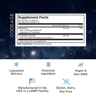 Codeage Liposomal Magnesium L-Threonate Supplement Patented Magtein Magnesium Threonate for Brain Health Memory and Cognitive Function Support Bioavailable L Threonate Non-GMO - 90 Capsules