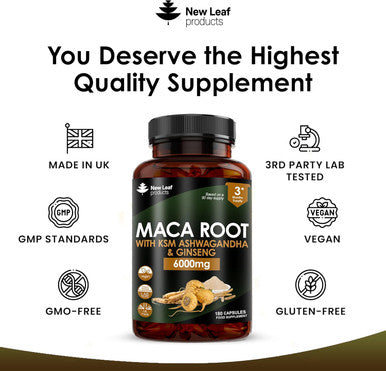 New Leaf Maca Root Capsules With Ksm Ashwagandha And Ginseng - 180 High Strength 6000Mg Capsules