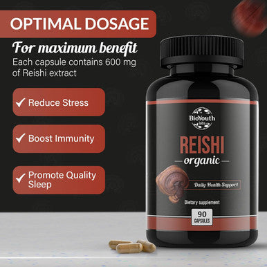 Bioyouth Organic Reishi Mushroom Capsules Supplement | Non-GMO & Allergen- | 90 Capsules (1-Month Supply)