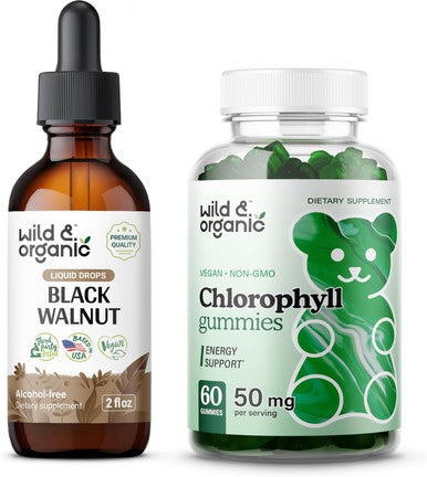 Wild & Organic Black Walnut Tincture 2 Fl Oz & Chlorophyll Gummies 60 Count