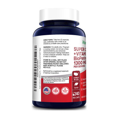 NusaPure Super Calcium 1300mg with Vitamin D3 and Bioperine 240 Veggie Caps (Non-GMO & Gluten-Free)