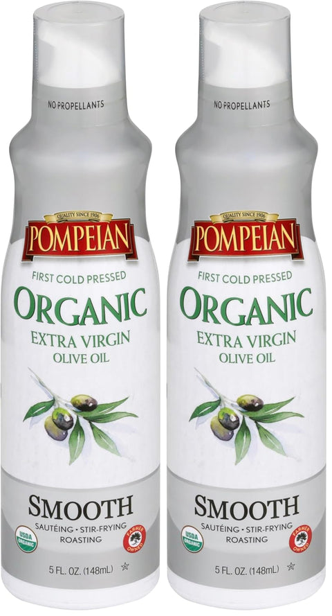 Pompeian USDA Certified Organic Smooth Extra Virgin Olive Oil Non-Stick Cooking Spray, First Cold Pressed, Delicate Flavor, Perfect for Sauteing & Stir-Frying, No Propellants, 5 FL. OZ., Single Bottle