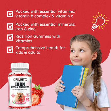 Iron Gummies For Kids, Women & Men, Iron Supplement With Multivitamin - Vitamin B Complex, C, B6, B12, Folate, Zinc For Anemia, Iron Deficiency, Blood Builder, Energy - Strawberry Flavor, Vegan 60Ct