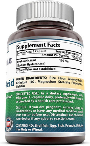 Amazing Nutrition Formulas Hyaluronic Acid 100 mg Capsules | Supplement | Non-GMO | Gluten | Made in USA (2 Pack 120 Count)