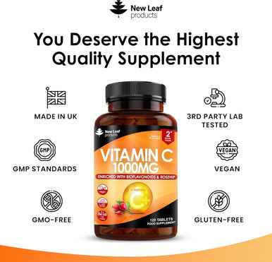 Vitamin C Tablets 1000Mg - Enriched With Bioflavonoids & Rosehip - Premium Vitamin C Supplements - Vegan Vitamin C Tablets High Strength Ascorbic Acid Vit C For Normal Immune System Uk Made