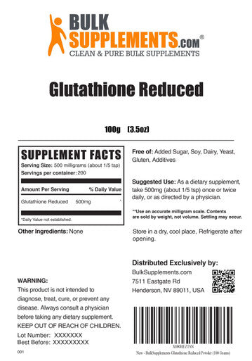 BulkSupplements Glutathione Reduced Powder (Reduced Glutathione) - for Antioxidant & Liver Support - , Soy Free - 500mg (100 Grams - 3.5 oz)