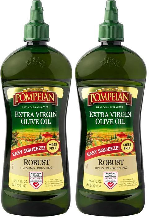 Pompeian Easy Squeeze, Robust Extra Virgin Olive Oil, First Cold Pressed, Full-Bodied Flavor, Mess Free, Perfect for Salad Dressings & Marinades, 25.4 Fl Oz., Single Squeeze Bottle