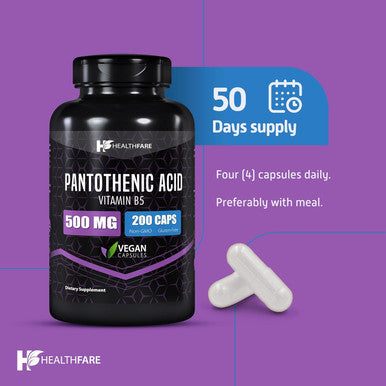 Healthfare Pantothenic Acid (Vitamin B5) 500Mg | 200 Capsules | Supports Energy Levels, Skin & Hair Health | Non-Gmo | Made In The Usa