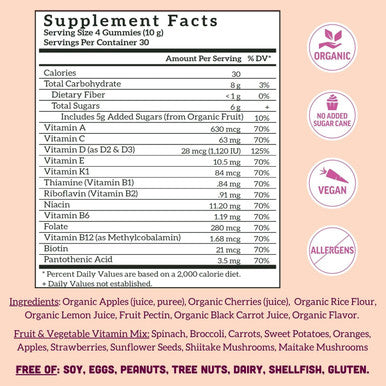 Llama Naturals Multivitamin for Women Vegan Organic Gummies with Vitamin D C and K Women's Real Fruit Gummy Vitamins Chewable Multivitamin Supplement No Added Sugar Cane Cherry 120 Ct