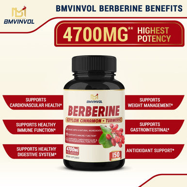 Berberine Supplement 4700mg 5 Months Supply High Potency with Ceylon Cinnamon Turmeric Supports Immune System Cardiovascular Gastrointestinal Function Berberine HCl Supplement Pills
