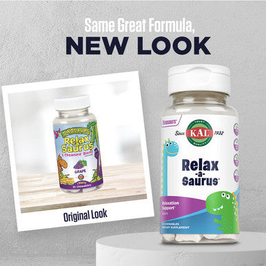 KAL Relax-a-Saurus, Stress Support Supplement for Kids, L-Theanine for Children with Herbal Stress Relief & Relaxation & Blend, Delicious Natural Grape Flavor, 60-Day , 30 Chewables