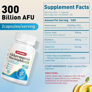 Akkermansia Probiotic, 300 Billion Afu Glp-1 Probiotic For Women & Men, Akkermansia Muciniphila For Glp-1 Production, Digestive, Gut, Immune Health, Enhances Gut Digestive Lining Function, 60 Capsules