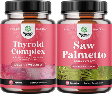 Bundle of Pure Saw Palmetto Capsules and Advanced Thyroid Support Capsules - Extra Strength Saw Palmetto for Women - Adaptogenic Thyroid Supplement with Iodine L Tyrosine Rhodiola and Astragalus Root