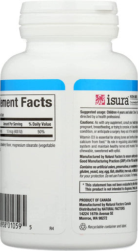 Natural Factors Vitamin D3 400 IU Supports Strong Bones Teeth and Immune Function 100 tablets 100 servings