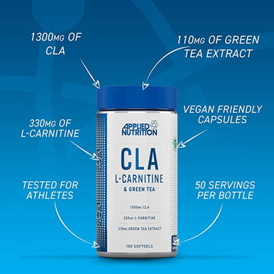 Applied Nutrition CLA L Carnitine and Green Tea Natural Energy Fat Burning Blend Help Weight Management (Conjugated Linoleic Acid LCarnitine Tartrate GreenTea) 100 Veggie Softgels 50 Servings