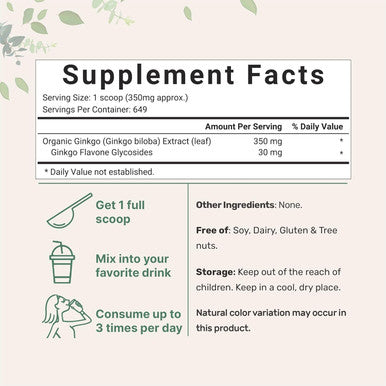 Micro Ingredients Raw Organic Ginkgo Biloba Powder 8 Ounce (18 Months Supply) Filler Supports Brain Function and Mental Alertness No GMOs and Vegan Friendly