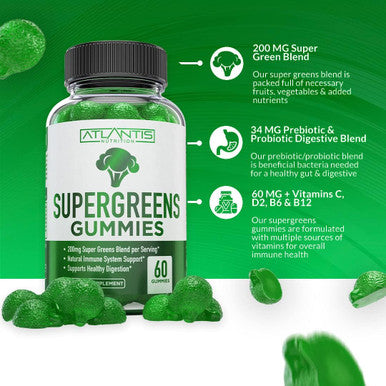 Atlantis Nutrition Supergreens Gummies - Daily Green Superfoods Supplement With Spinach, Broccoli, Moringa, Beet Root, Celery, Green Tea, & Acai For Immunity Support - Natural Raspberry Flavor, 60 Cnt