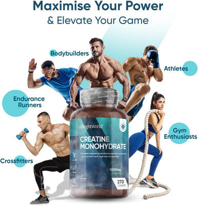 Weightworld Creatine Monohydrate Tablets 3000mg - 270 Creatine Tablets - Gym Supplement for Men & Women - Creatine Monohydrate Powder Alternative - Vegan & Keto Unflavoured Energy Supplement for Workout