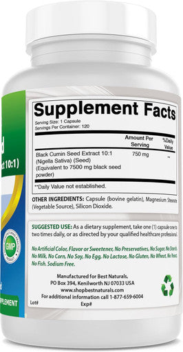 Best Naturals Black Seed (Black Cumin Seed Extract 10:1) 7500 mg Equivalent- 120 Capsules