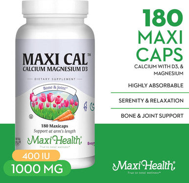 Maxi Health Calcium 1000 Mg Supplement With Vitamin D3 (1000 Iu) And Magnesium (500 Mg) - Bone, Teeth And Joint Support For Men And Women - 180 Capsules - Maxi Cal