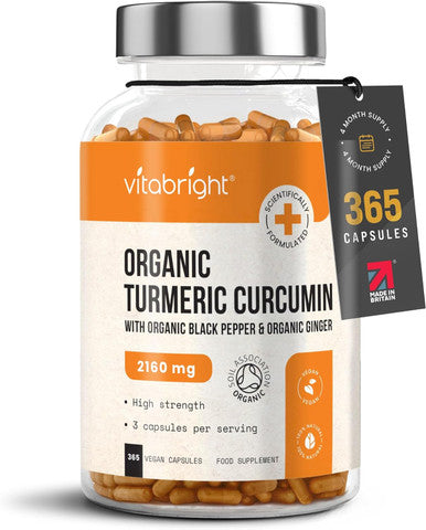 High Strength Turmeric & Black Pepper Capsules 2160Mg, 365 Caps/4 Months, Organic Turmeric Ginger & Black Pepper Capsules, Turmeric Curcumin Capsules (Not Tablets) Vitabright Tumeric Supplement Joints