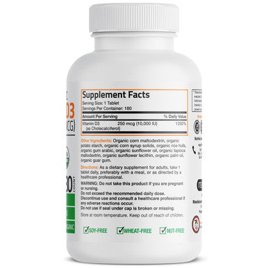 Bronson Vitamin D3 High Dose USDA Certified Organic - 10,000 IU 180 Organic Tablets