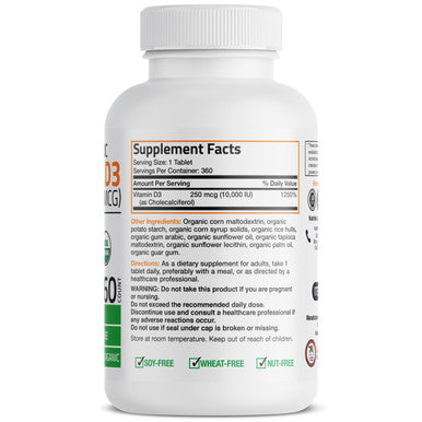 Bronson Vitamin D3 High Dose USDA Certified Organic - 10,000 IU 360 Organic Tablets