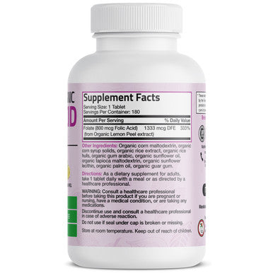 Bronson Folic Acid (Folate) Vegetarian USDA Certified Organic - 800 mcg 180 Count