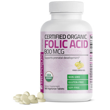 Bronson Folic Acid (Folate) Vegetarian USDA Certified Organic - 800 mcg 180 Count