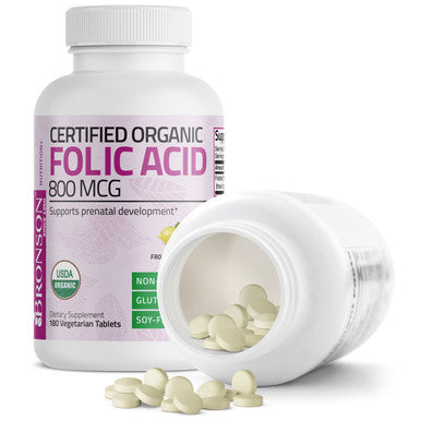 Bronson Folic Acid (Folate) Vegetarian USDA Certified Organic - 800 mcg 180 Count