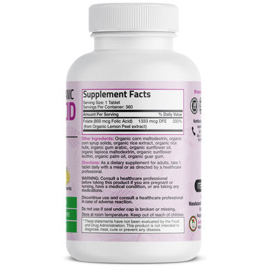 Bronson Folic Acid (Folate) Vegetarian USDA Certified Organic - 800 mcg 360 Count