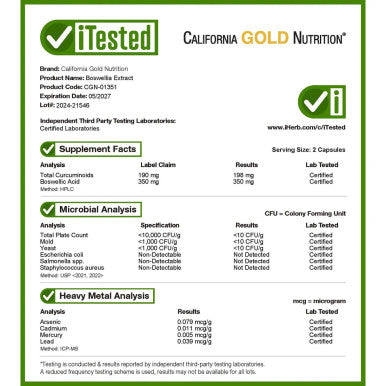 California Gold Nutrition Boswellia Extract, Plus Turmeric Extract, 250 mg, 120 Veggie Capsules