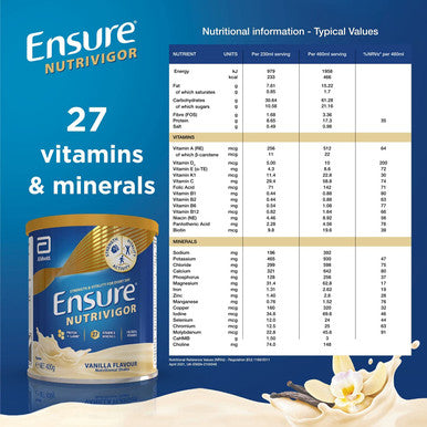 Ensure NutriVigor Protein Shake | Boost Energy and Help Support Recovery| Vitamin D Supplement with Protein, CaHMB and 27 Vitamins and Minerals | 400g | Vanilla Flavour