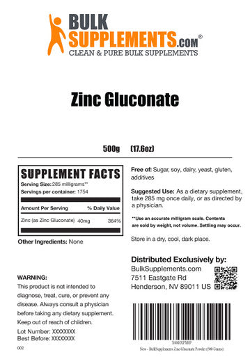 BulkSupplements Zinc Gluconate Powder - Raw Zinc - Vegan Zinc - Zinc Supplement for - Zinc Vitamins - Pure Zinc - Elemental Zinc - Zinc Powder - Zinc for Men (500 Grams - 1.1 lbs)