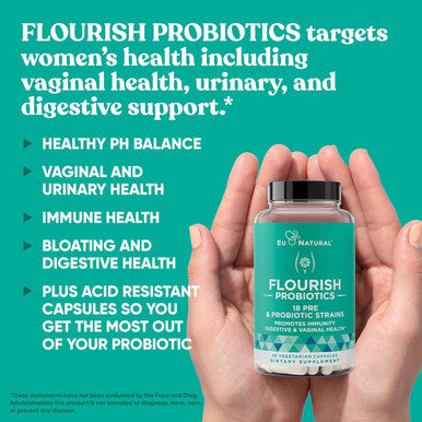 Eu Natural Flourish Probiotics + Prebiotics for Women Gut and Digestion Urinary Tract Reduce Bloating Vaginal Health 18 Clinically Proven Strains 14 Billion CFU 30 Shelf-Stable Mini Vegan Capsules