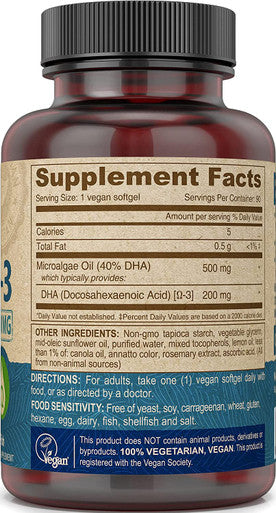 DEVA Vegan Vitamins Vegan DHA (Algae) 200mg Vegan Softgels, 90-Count Bottle