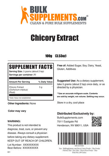 BulkSupplements Chicory Extract Powder - Fiber Supplement - Chicory Root Fiber Powder - Chicory Root Powder - Gut Health Powder - Prebiotic Fiber Powder (100 Grams - 3.5 oz)