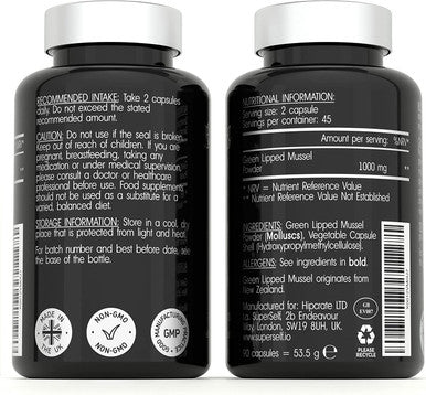 Green Lipped Mussel Capsules 1000mg - Pure New Zealand Green Lipped Mussel Powder for Humans & Dogs - 90 Tablets - High Strength Supplement 500mg per Capsule - Made in The UK