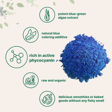 Organic Blue Spirulina Powder (Phycocyanin Extract), No Fishy Smell, 100% Vegan Protein from Blue-Green Algae, Luminous Blue Food Coloring for Smoothies, Baking, Drinks & Cooking - 50 Servings