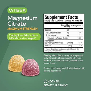 Magnesium Citrate Gummies For Adults & Teens - Maximum Strength 255Mg, Supports Calm Mood, Optimal Relaxation, Muscle Function - Vegan, Gelatin - Tasty Chewable Raspberry & Peach Flavored Gummy