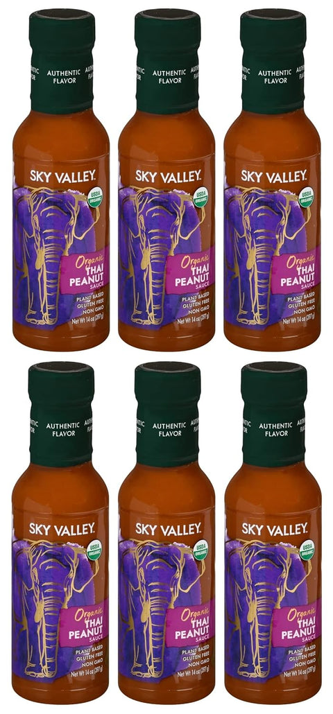 Sky Valley Thai Peanut Sauce - Gluten Free Peanut Sauce, Mild Heat, Authentic Flavor, Organic, Vegan, Non GMO, Gluten Free, Peanut Sauce for Spring Rolls- 14 Oz, 6-Pack