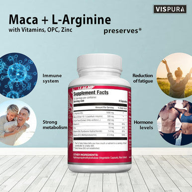 Maca Root Capsules 5000 Mg + L-Arginine, Vitamins B6 + B12, Opc And Zinc, Energy Boosting Formula For Men And Women, 120 Vegan Tablets With Organic Maca Peruana Extract