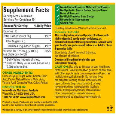Nature Made Extra Strength Vitamin D3 5000 Iu (125 Mcg) Per Serving Dietary Supplement For Bone Teeth Muscle And Immune Health Support 80 Gummies 40 Day Supply 80 Count (Pack Of 1)