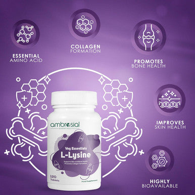 Ambrosial Ambrosial L-lysine | High Strength L-lysine tablets 500mg | Immune Support & Supports Collagen Synthesis | Essential Amino Acids for Active Lifestyle (Pack of 1-120 Tablets)