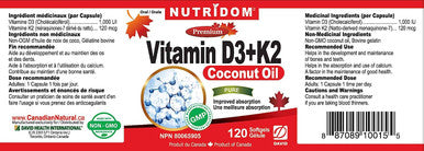 NUTRIDOM Vitamin D3 1,000 IU + K2 120 mcg (120 Softgels)